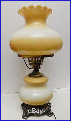 Vintage Hurricane Table Lamp Hand Painted Floral Electric Antique Brass 21