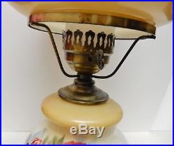 Vintage Hurricane Table Lamp Hand Painted Floral Electric Antique Brass 21