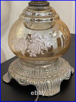 Vintage Hurricane Table Lamp Iridescent Amber Smoke Glass 1972 Dogwood Floral