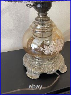 Vintage Hurricane Table Lamp Iridescent Amber Smoke Glass 1972 Dogwood Floral