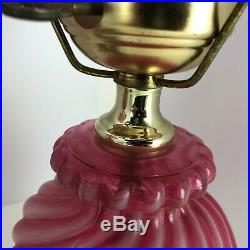 Vintage Hurricane Table Lamp Matched Set Pair Pink Cranberry Swirl Glass Painted