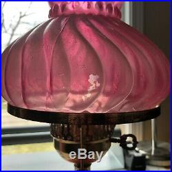 Vintage Hurricane Table Lamp Matched Set Pair Pink Cranberry Swirl Glass Painted