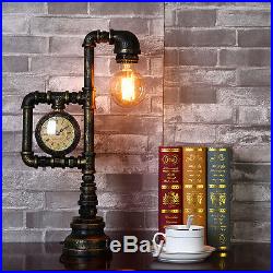 Vintage Industrial Water Pipe Table Light Edison Desk Accent Lamp With Clock Bar