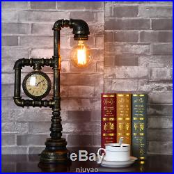 Vintage Industrial Water Pipe Table Light Edison Desk Accent Lamp With Clock Bar