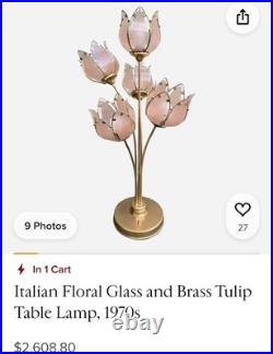 Vintage Italian Floral Glass and Brass Tulip Table Lamp, 1970s red description