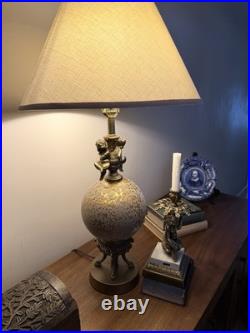 Vintage Italian Neoclassical Cherub Lamp & Marble Candlestick Set Gilt Bronze