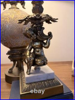 Vintage Italian Neoclassical Cherub Lamp & Marble Candlestick Set Gilt Bronze