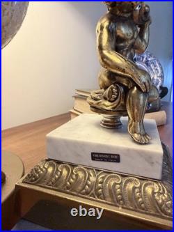 Vintage Italian Neoclassical Cherub Lamp & Marble Candlestick Set Gilt Bronze