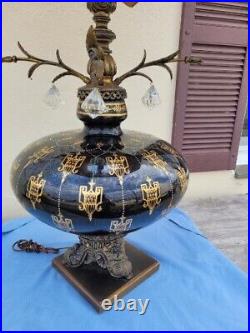 Vintage JUMBO Mid Century Black And Gold Glass Hollywood Regency Table Lamp Boho