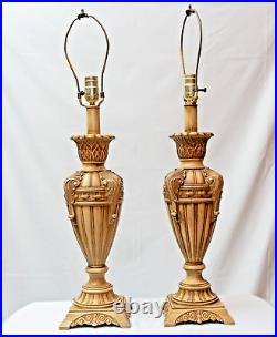 Vintage Kaeder Table Lamp W Metal Decorative Base Gold & Brown 35 Tall Pair 2