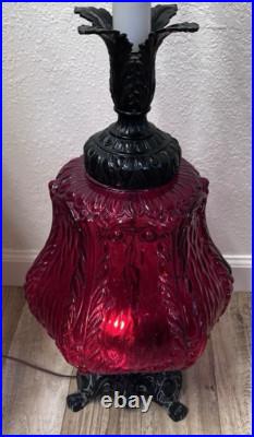 Vintage Lamp Mid Century Modern Red Glass Table with Night Light 1960's Metal