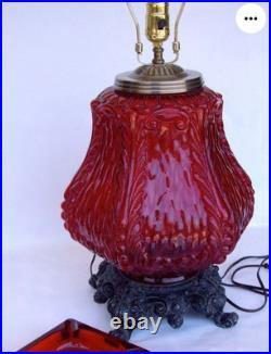 Vintage Lamp Mid Century Modern Red Glass Table with Night Light 1960's Metal