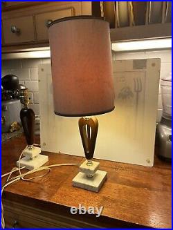 Vintage Lamp Pair Wood & Marble Mid Century Mod Both Work With Original Shades