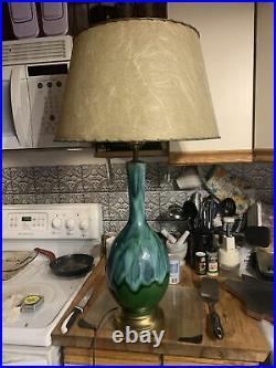 Vintage Large 36 Mid Century MCM Green Blue Green Ceramic Drip Glaze Table Lamp