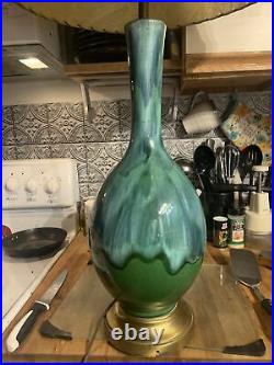 Vintage Large 36 Mid Century MCM Green Blue Green Ceramic Drip Glaze Table Lamp