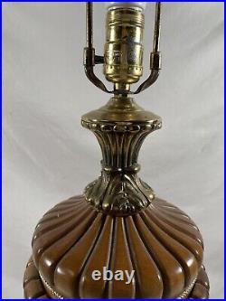 Vintage Large Brown Wood Brass Colonial Table Lamp