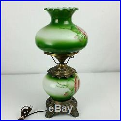 Vintage Large Green Hurricane Table Lamp GWTW Floral 3 Way 24 GORGEOUS