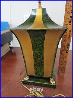 Vintage Large Table Lamp Chelsea House Italian Footed Green Gold Stripe Metal