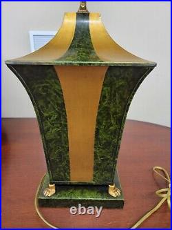 Vintage Large Table Lamp Chelsea House Italian Footed Green Gold Stripe Metal