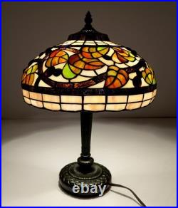 Vintage Leaded Art Glass Table Lamp Autumn Leaves Berries 17 Tall 12 Shade