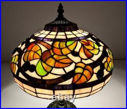 Vintage Leaded Art Glass Table Lamp Autumn Leaves Berries 17 Tall 12 Shade