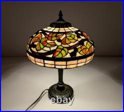 Vintage Leaded Art Glass Table Lamp Autumn Leaves Berries 17 Tall 12 Shade