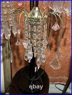 Vintage Luminaire Black Hanging Crystals Rain Drop Table Lamp Hollywood Regency