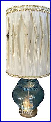Vintage MCM 1970's Hollywood Regency Blue Glass Lamp with Pinch Pleated Shade