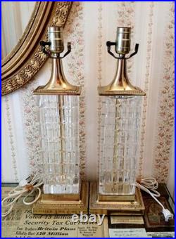 Vintage MCM Dresden Signed Crystal Block Column Brass Table Lamps Pair Works 19 Vintage MCM Dresden Signed Crystal Block Column Brass Table Lamps Pair Works 19
