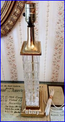 Vintage MCM Dresden Signed Crystal Block Column Brass Table Lamps Pair Works 19