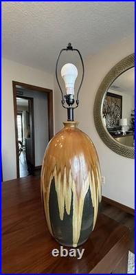 Vintage MCM Drip Glaze Pottery Lamp 31 H Green Brown