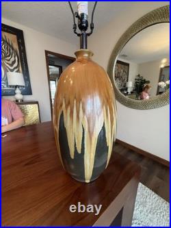 Vintage MCM Drip Glaze Pottery Lamp 31 H Green Brown