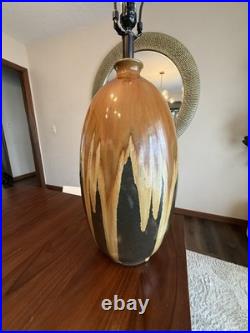 Vintage MCM Drip Glaze Pottery Lamp 31 H Green Brown