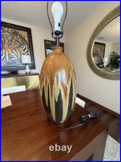 Vintage MCM Drip Glaze Pottery Lamp 31 H Green Brown