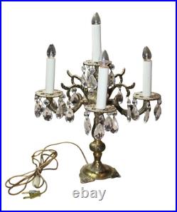 Vintage MCM Electric Brass Candelabra Crystal Prisms 5 Light Table Lamp