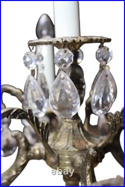 Vintage MCM Electric Brass Candelabra Crystal Prisms 5 Light Table Lamp