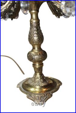Vintage MCM Electric Brass Candelabra Crystal Prisms 5 Light Table Lamp