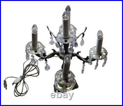 Vintage MCM Electric Brass Candelabra Crystal Prisms 5 Light Table Lamp