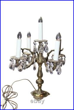 Vintage MCM Electric Brass Candelabra Crystal Prisms 5 Light Table Lamp