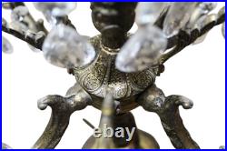 Vintage MCM Electric Brass Candelabra Crystal Prisms 5 Light Table Lamp