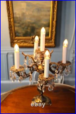 Vintage MCM Electric Brass Candelabra Crystal Prisms 5 Light Table Lamp