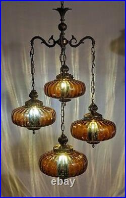 Vintage MCM Hollywood Regency Brass Hanging Amber Glass Swag Lamp Light
