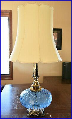 Vintage MCM Hollywood Regency Large Blue Glass Table Lamp with Shade