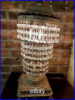 Vintage MCM Hollywood Regency Table Lamp Hanging Crystal Prisms 3 Tiers