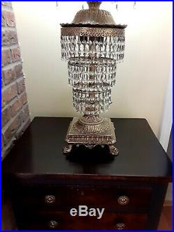 Vintage MCM Hollywood Regency Table Lamp Hanging Crystal Prisms 3 Tiers