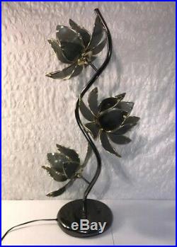 Vintage MCM Lotus 3 Flower Lamp Smokey Gray Glass Petals with Brass Leaves