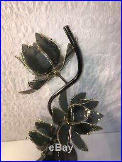 Vintage MCM Lotus 3 Flower Lamp Smokey Gray Glass Petals with Brass Leaves