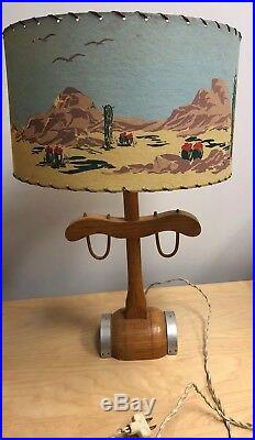 Vintage MCM Mid Century Modern Country Western Cowboy lamp, Yolk Wood Base 22