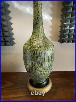 Vintage MCM Mid Century Modern Green Drip Glaze Ceramic Table Lamp NICE