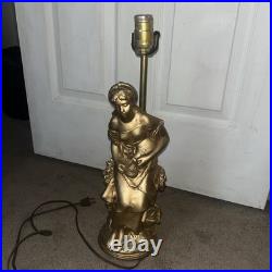 Vintage MCM Relic Art Lady Figural Gold Toned Table Lamp Peasant Girl Tested